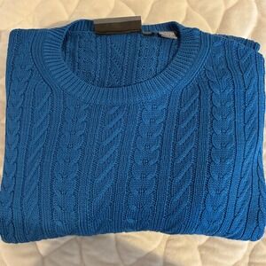 Hickey Freeman Silk Blend Cable Knit Sweater Blue Crew Neck Mens Size L